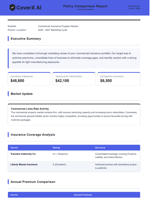 Quote Comparison policy comparison report preview